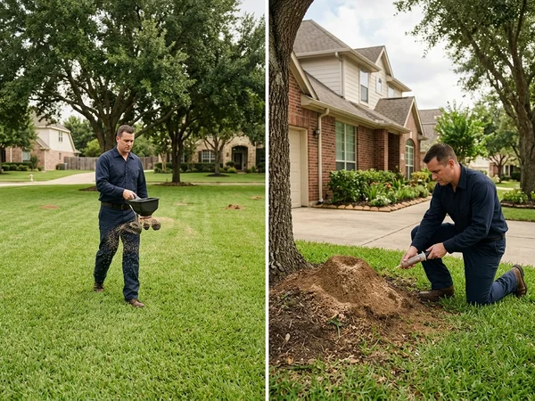 Pest control inspector reviewing an official WDIR termite inspection report with a homeowner on a clipboard, professional interaction at a Houston residence