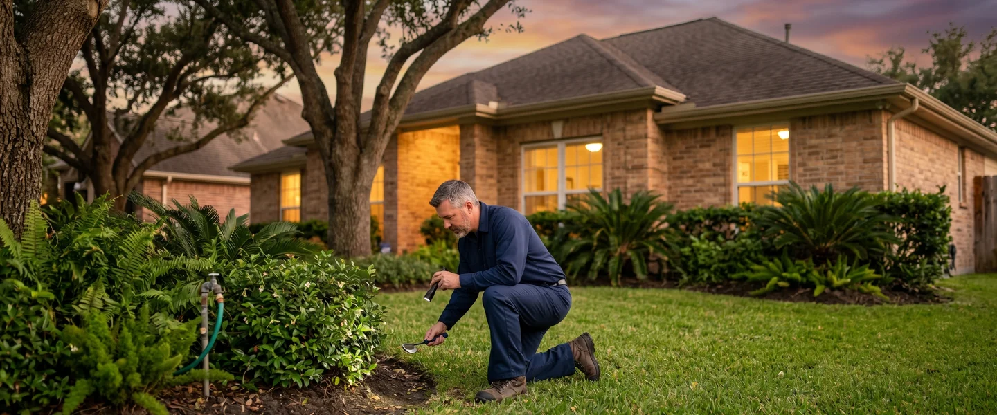 Licensed pest control technician inspecting the brick foundation of a Deer Park TX ranch home for termite and pest entry points