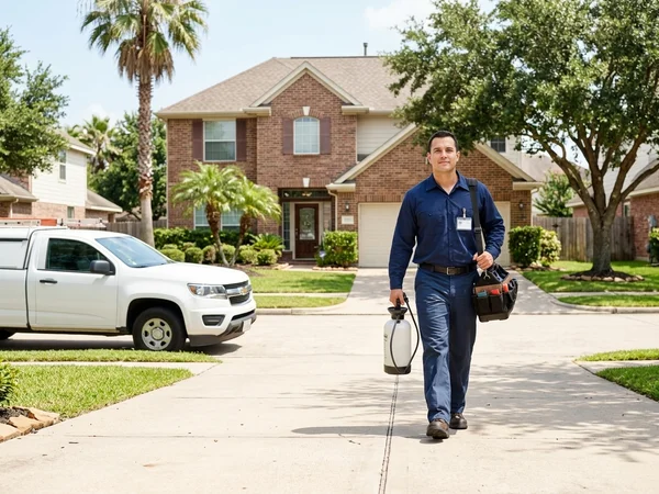 Licensed pest control technician conducting a thorough bed bug inspection of a mattress and box spring in a Houston home, using a flashlight to examine mattress seams and edges