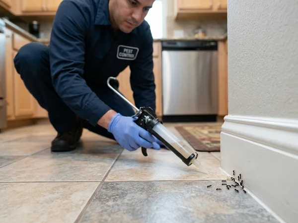 Pest control technician applying Termidor liquid termiticide with an injection rod along the slab-wall joint in a Houston garage during a termite barrier treatment service