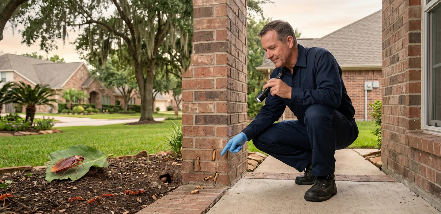 Pest technician performing spot injection treatment on window frame casings in a Cypress TX home during the real estate option period