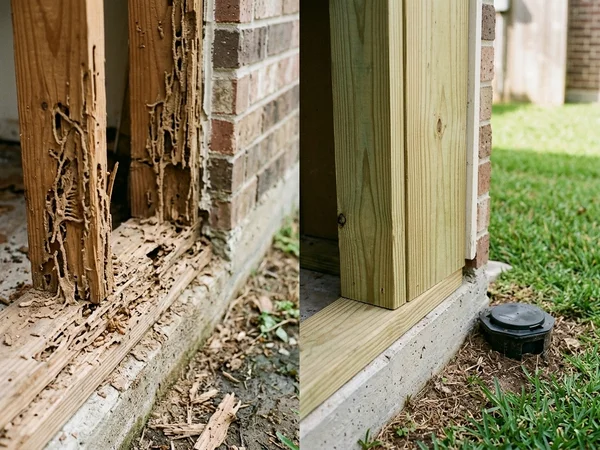 Pest technician applying liquid termite barrier treatment along the slab foundation of a new Bridgeland Cypress TX home