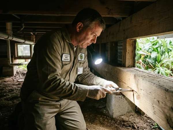 Licensed pest control technician inspecting a Houston-area home foundation for termite activity, professional equipment visible, demonstrating thorough multi-pest assessment process
