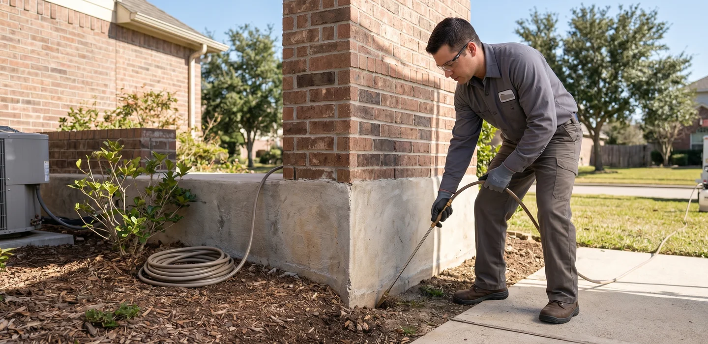 Pest technician installing Sentricon bait stations along the drainage swale edge of a Kingwood TX home adjacent to the greenbelt