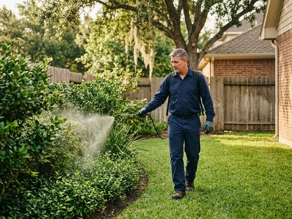 Licensed pest control technician inspecting the exterior foundation of a Houston home, identifying ant trails and pest entry points near the utility conduits