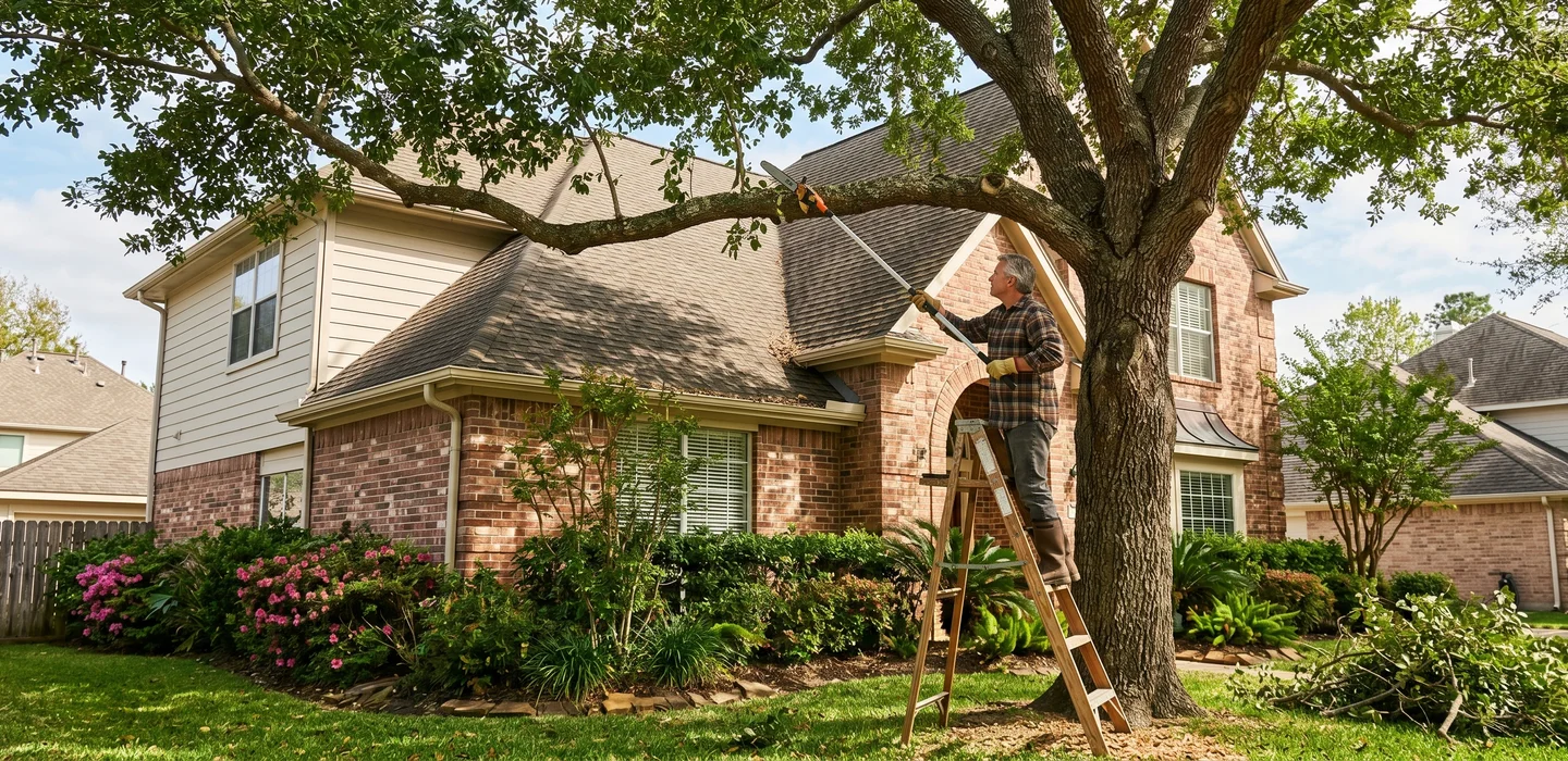 Pest technician installing Sentricon bait stations along the rear fence line of a Cypress TX home bordering a HOA retention pond