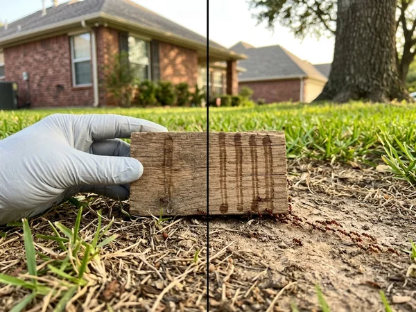 Licensed pest control technician inspecting the slab foundation edge of a Cypress TX master-planned community home